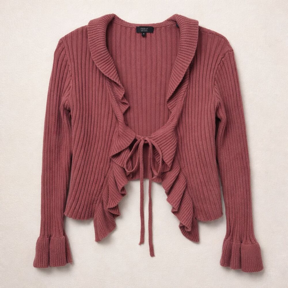 Debut Ribbed Ruffle Tie Front Cardigan S Boho Balletcore Pink Coquette Romantic
